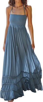 R.Vivimos Women's Summer Boho Halter Neck Backless Long Maxi Dress Sleeveless Ruffle Hem Dresses(Medium