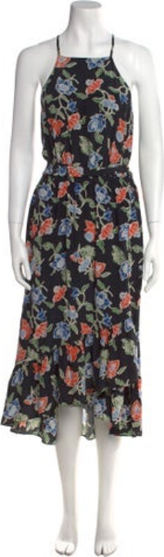 Joie Silk Dress Black Floral Print Ruffle Embellishment Sleeveless with Square Neckline Sash-Tie Closure at Front Designer