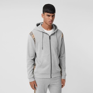 logo print vintage check panel cotton hooded top