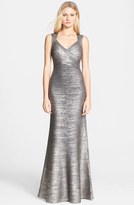 Thumbnail for your product : Herve Leger Sleeveless V-Neck Flared Foiled Bandage Gown