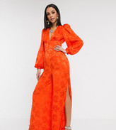 Thumbnail for your product : ASOS Tall ASOS DESIGN Tall satin jumpsuit with blouson sleeve in orange floral jacquard