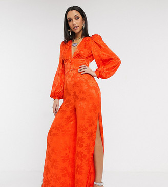 ASOS Tall ASOS DESIGN Tall satin jumpsuit with blouson sleeve in orange floral jacquard