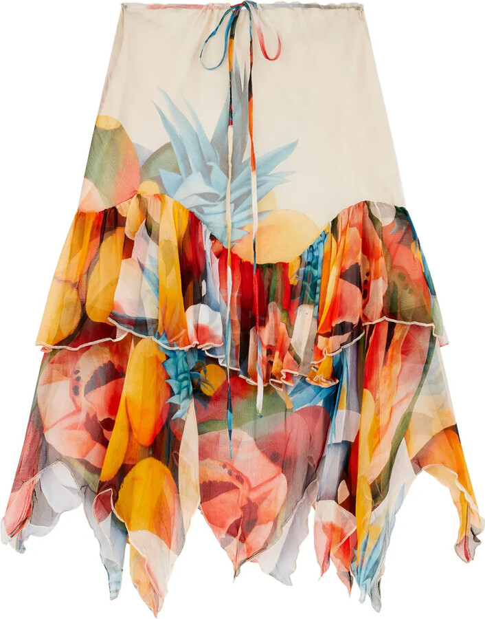 Donde Esteban Ruffled Chiffon Silk Midi Skirt