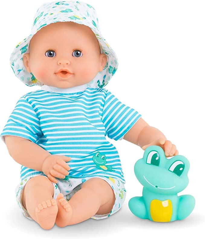 Corolle Bebe Bath Marin - 12” Boy Baby Doll with Rubber Frog Toy, Safe for Water Play in The Bathtub or Pool, Poseable Soft Body with Vanilla Scent, for Kids Ages 18 Months and Up, Aqua