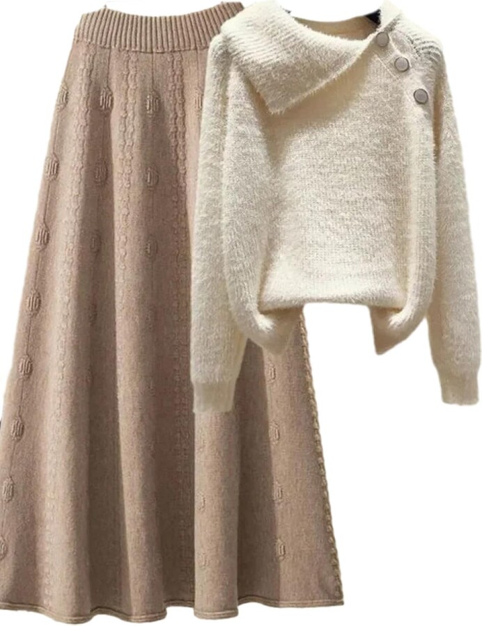 COSKTIARL Women Office Knitted Skirt Suit Women Apricot Outfits