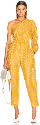 Stella McCartney Leopard Print Burnout One Shoulder Jumpsuit in Honey Yellow | FWRD