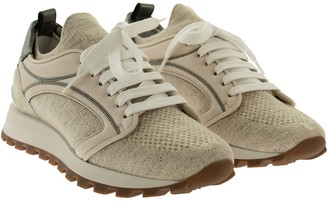 Brunello Cucinelli Linen And Cotton Knit And Soft Nappa Leather Runners With Shiny Detail