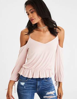 American Eagle Outfitters AE Soft & Sexy Cold Shoulder Tie-Sleeve T-Shirt