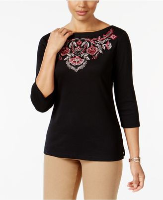 Karen Scott Petite Embroidered Boat-Neck Top, Created for Macy's