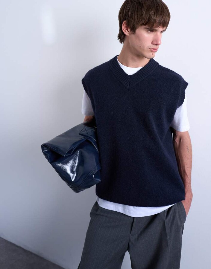 Topman oversized fit knit v-neck tank top in navy