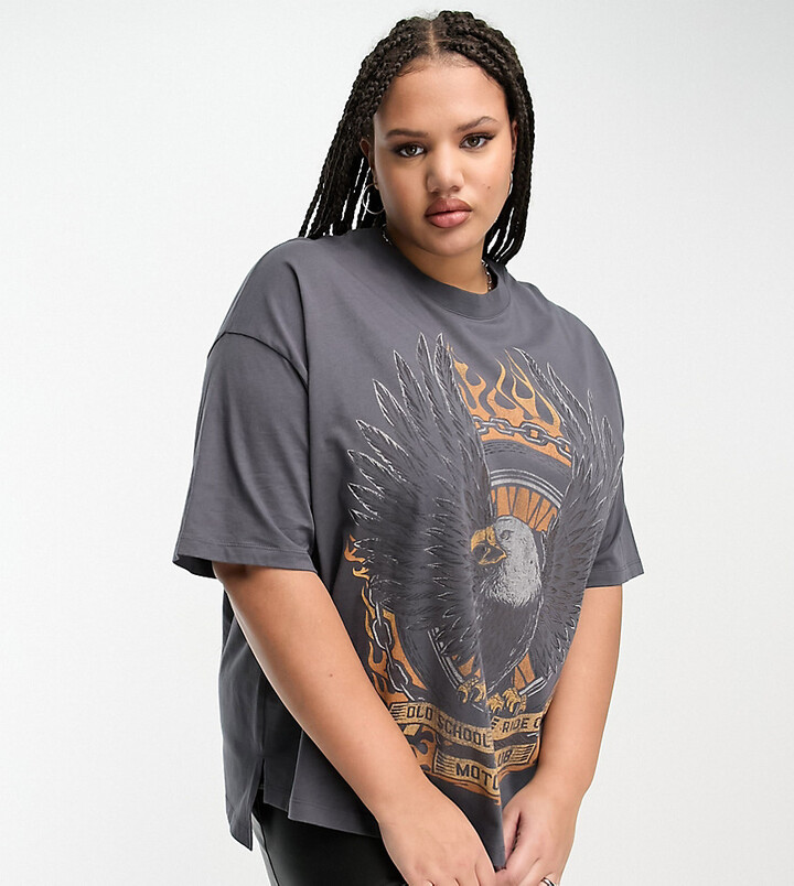 ASOS Curve ASOS DESIGN Curve oversized heavy weight T-shirt in orange rock  graphic in washed charcoal - ShopStyle