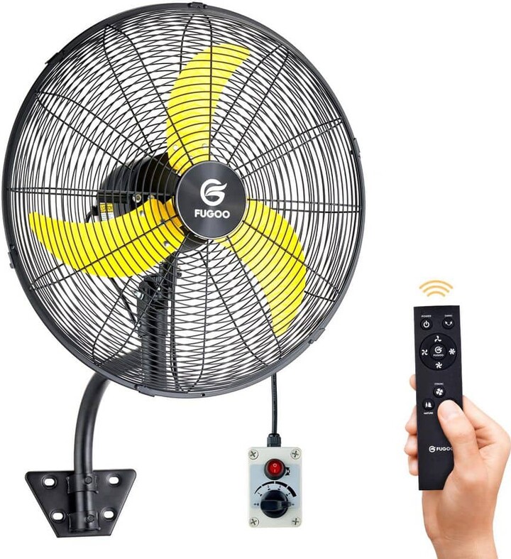FUGOO 20 in. Oscillating Wall Mounted Fan in Black with Yellow Blades, All Sealed Brushless DC Motor, Waterproof, Remote