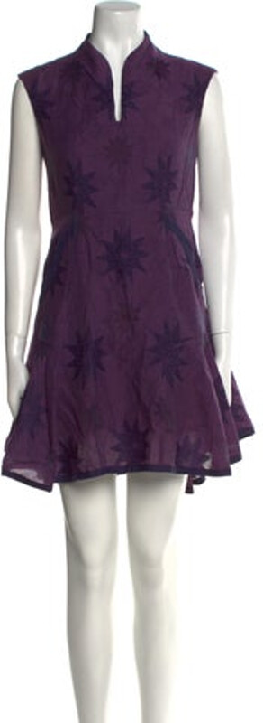 Mame Kurogouchi A-Line Dress Purple Printed Pleated Accents Sleeveless with V-Neck Concealed Zip Closure at Side