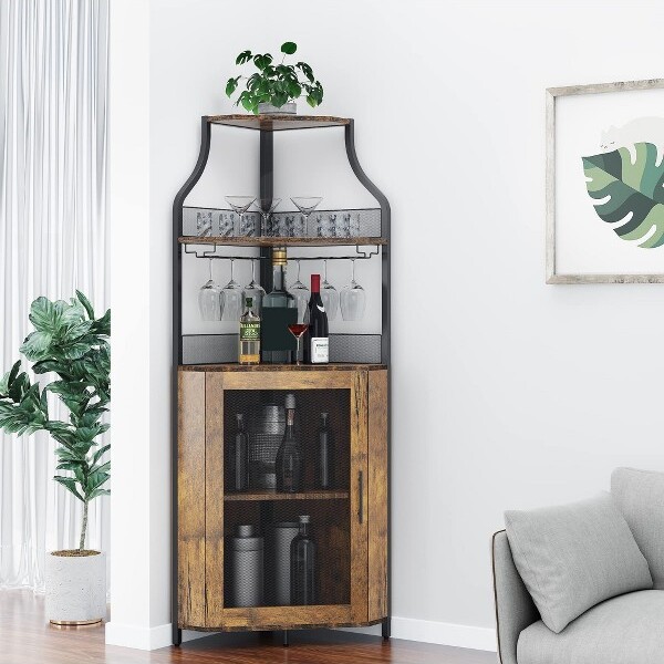 GarveeCornerWineBarCabinetwithDetachableWineRackBarCabinetSmallSideboardandBuffetCabinetwithMeshDoor(RetroBrown)