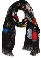 Thumbnail for your product : Alexander McQueen Botanical Embroidered Floral Fringe Trim Wool Blend Scarf