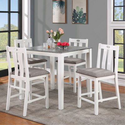 Latitude Run White Wood 5Pc Counter Height Dining Set Table 4X Chairs Gray Linen Like Fabric Cushions Seats Chairs Dining Room