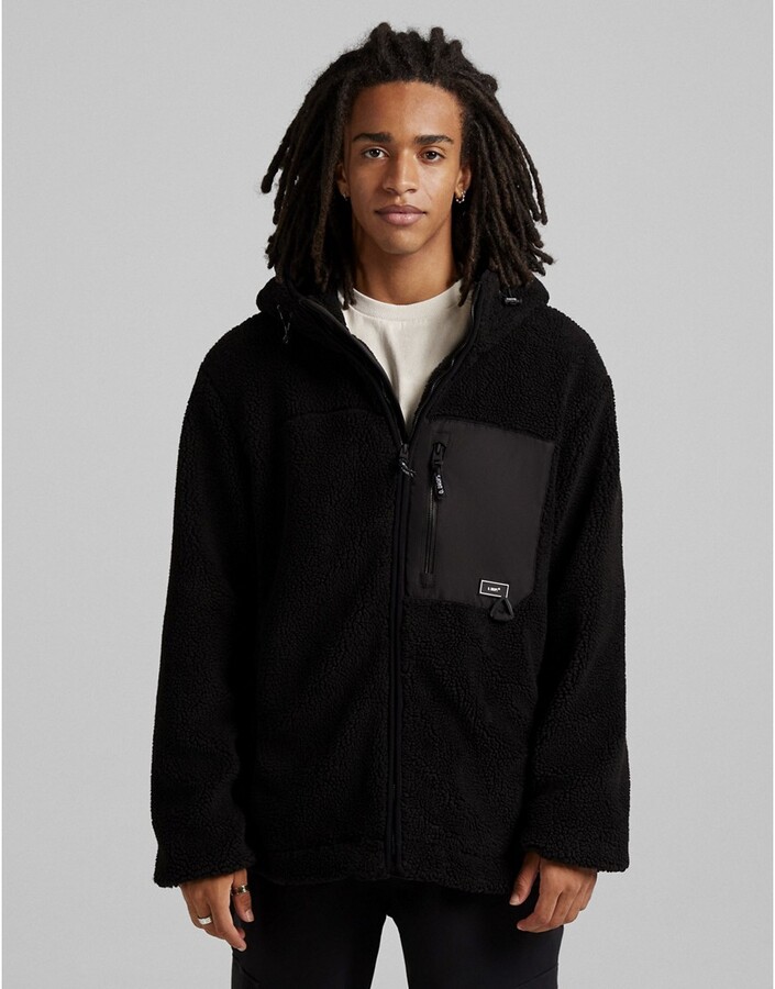 Bershka zip jacket in black teddy borg - ShopStyle