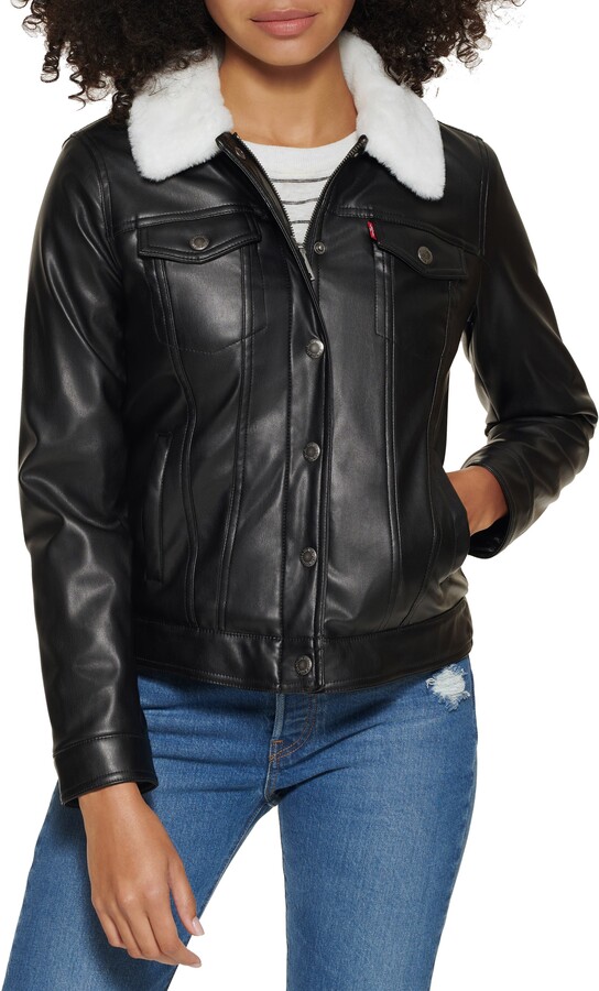 Keaac Womens Winter Thicken Faux Fur Collar PU Leather Short Slim Jacket Outwear 