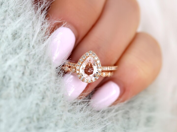 1.13Ct Tabitha & Gwen 14Kt Peach Champagne Sapphire Diamond Pear Halo Bridal Set, Pear Wedding Ring Set, Art Deco Set, Sapphire