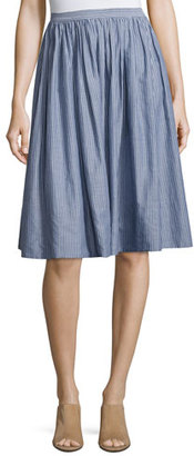 Vince Pencil-Stripe Shirred Full Skirt, Blue/White
