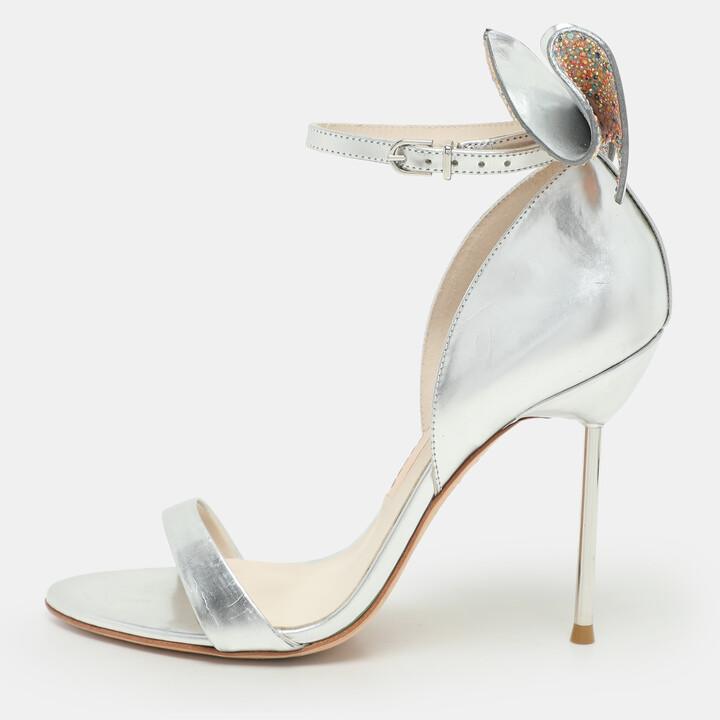 Sophia Webster Metallic Silver Leather Maya Crystal Embellished Bow Ankle Strap Sandals Size 37