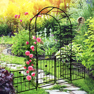 SHANRUGUOJI Metal Garden Arch With Gate 79.5'' Wide X 86.6'' High Climbing Plants Support Rose Arch Outdoor Black