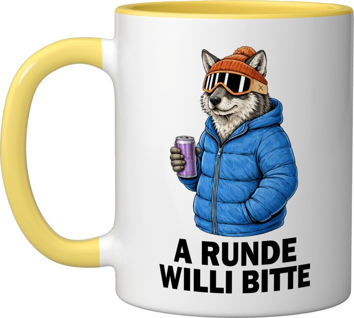 Funny Animal Motifs Après Ski Sports Gift Idea A Runde Willi Bitte Wolf Animal Party Après Ski Shirt Ceramic Mug, Yellow/White