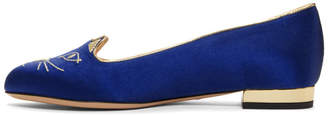 Charlotte Olympia SSENSE Exclusive Navy Satin Kitty Slippers