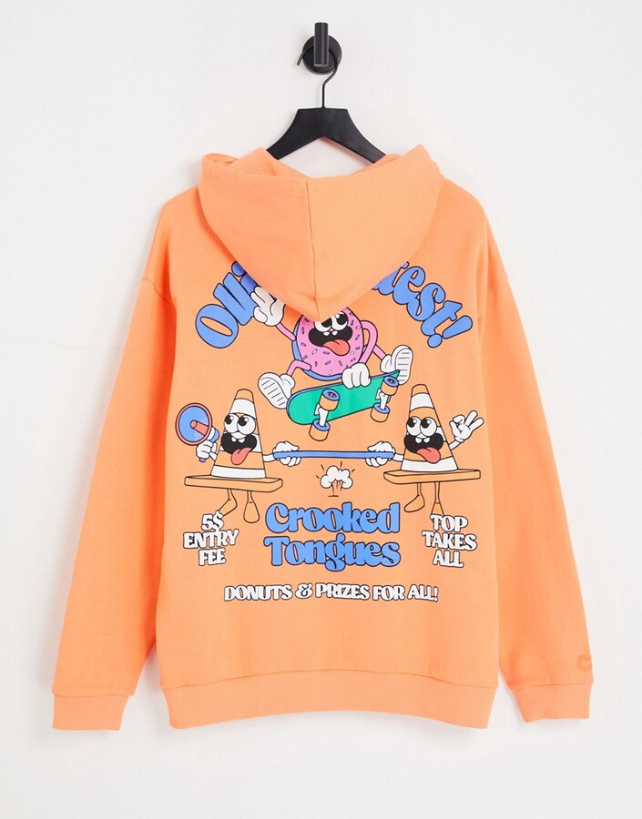 Crooked Tongues oversized hoodie with skateboard ollie contest back graphic  print in orange - ShopStyle