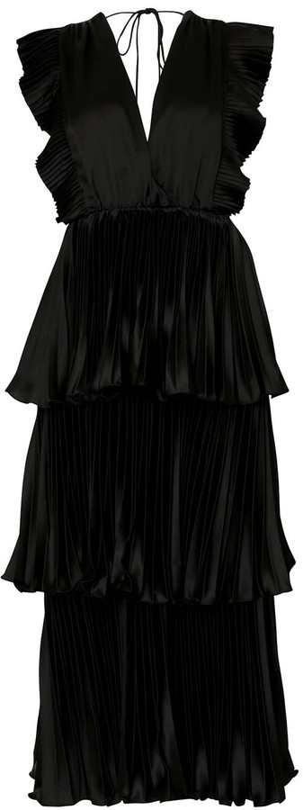 Black Satin Pleated Tiered Midaxi Dress - ShopStyle