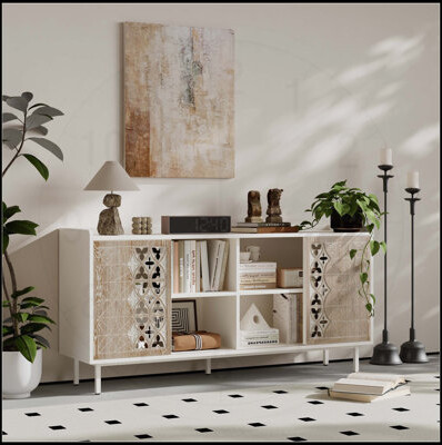 Sicotas Mid Century Sideboard Storage Rustic Sliding Door Solid Wood Cabinet for Living Room Decorative TV Buffet and Storage for TV Stand,Sideboards,