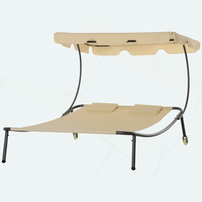 Patio Double Chaise Lounge Chair, Outdoor Wheeled Hammock Daybed With Adjustable Canopy And Pillow For Sun Room, Garden, Or Poolside