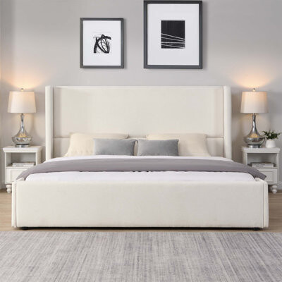 Latitude Run Elegant White Fabric Upholstered Bed with Tall Headboard, Combining Modern Simplicity and Luxurious Comfort, KING
