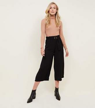 New Look Black Cropped Waist Buckle Culottes