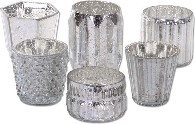 Koyal Wholesale Silver Mixed Mercury Glass Candle Holders, 6−Pack, Mismatched Candle Holders for Candle Votives