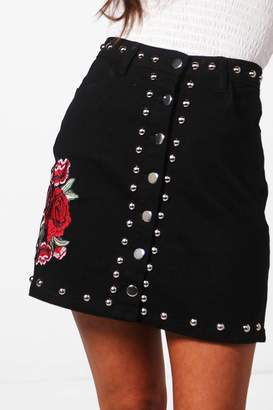 boohoo Clary Embroidered Studded Denim Skirt