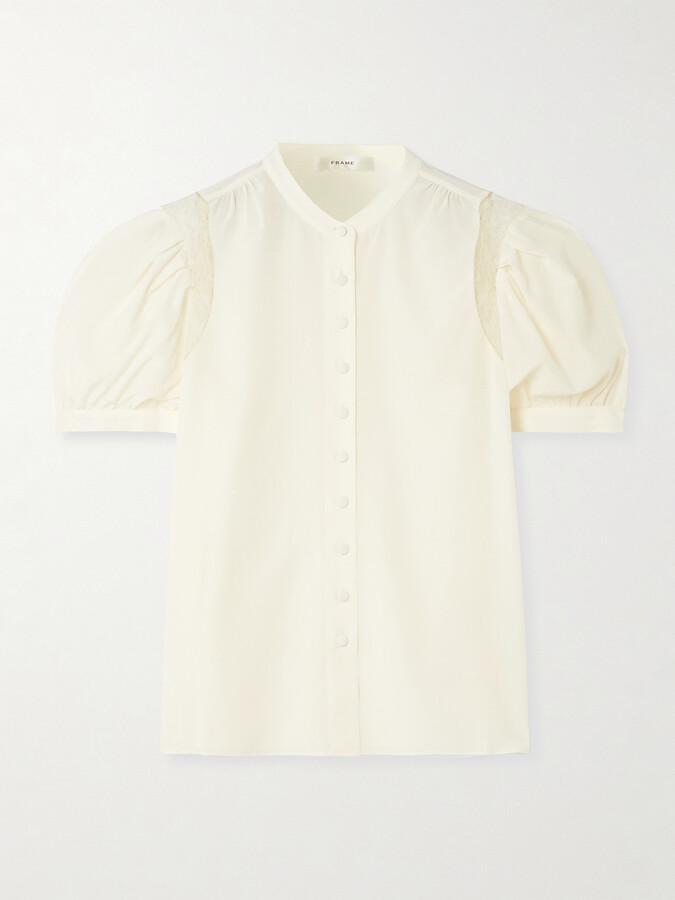 Frame Ruched Lace-trimmed Silk Crepe De Chine Blouse - Cream