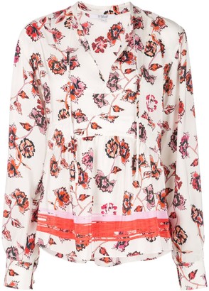 Derek Lam 10 Crosby Long Sleeve French Floral Peplum Blouse with Neck Ties