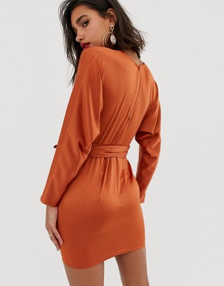 ASOS DESIGN mini dress with batwing sleeve and wrap waist in satin