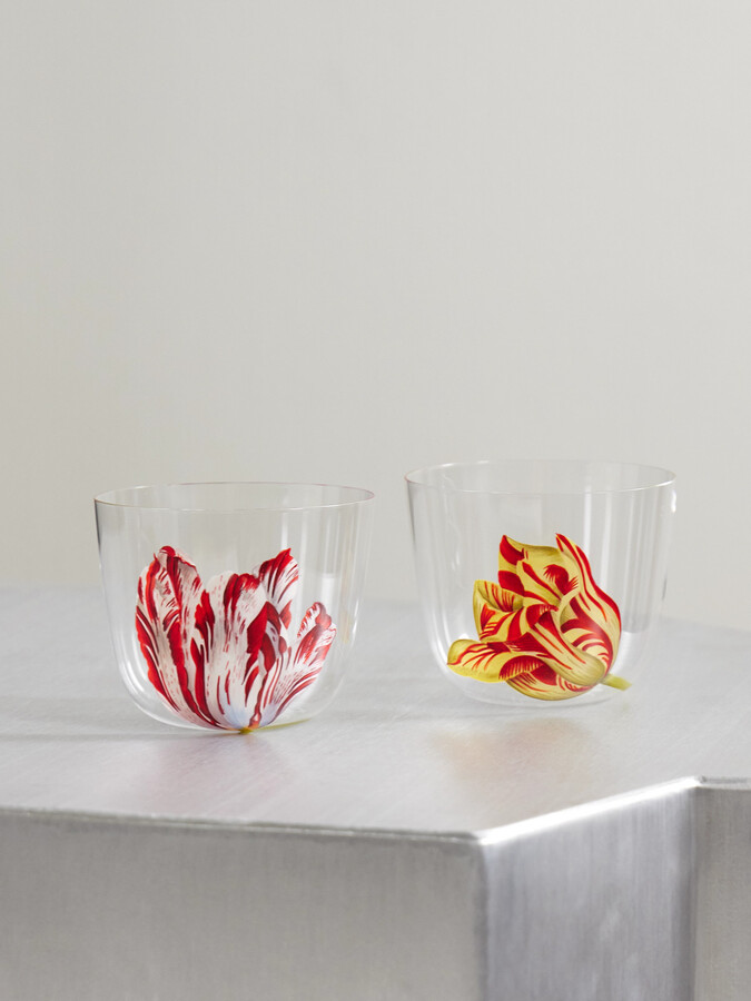 Lobmeyr Tulipmania Set Of Two Painted Crystal Glass Tumblers - Neutrals