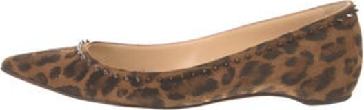 Christian Louboutin Suede Flats Brown Animal Print Spike Accents Pointed-Toes with Studded Accents Designer