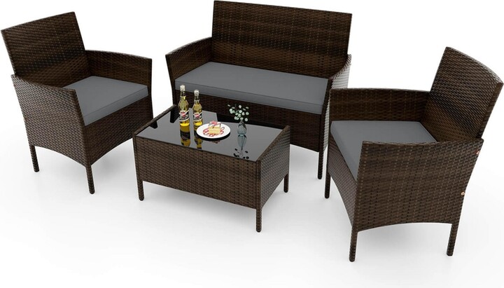 Costway 4 Pcs Patio Furniture Set with Washable Cushions and Tempered Glass Coffee Table - Beige/khaki
