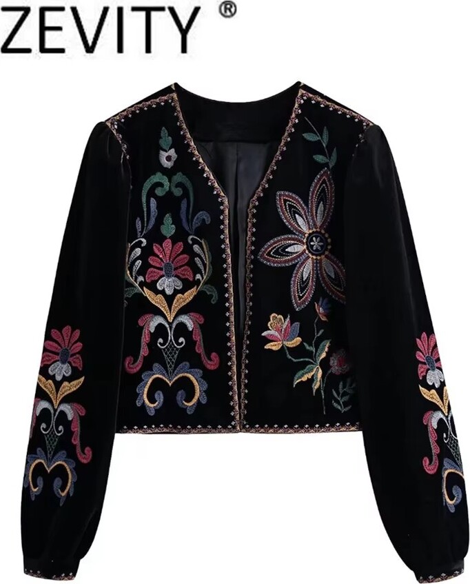 Zevity Women Vintage Flower Embroidery National Style Short Coat Ladies Retro Open Stitching Casual Velvet Jacket Tops CT100
