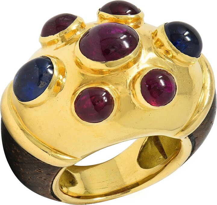 POIRAY Paris 1980's 5.80 Ctw Sapphire Ruby Wood 18k Gold Vintage Dome Ring