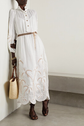 Zimmermann Lyre Belted Embellished Linen Midi Dress - Ivory