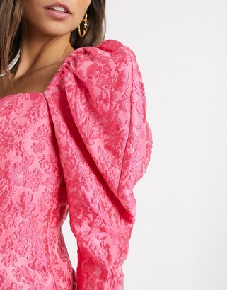 And other stories & puff sleeve cropped top in pink floral jacquard