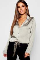 Thumbnail for your product : boohoo Petite Satin Contrast Trim Tie Front Top