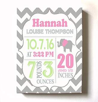 MuralMax Personalized Stretched Canvas Birth Announcement Gift, Custom Baby Name, Date, Weight Stats, Newborn Elephant Nursery Wall Art Decor, High Quality 100% Wooden Frame Construction, Ready To Hang 11X14