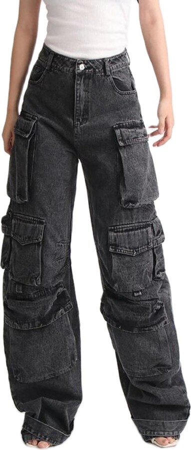 Pivanzore Womens Baggy Cargo Jeans Y2K Multi-Pocket Low Waist Wide