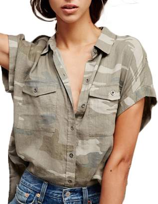 HaoDuoYi Womens Camouflage Print Short Sleeve Button Down Top Shirt(S,)